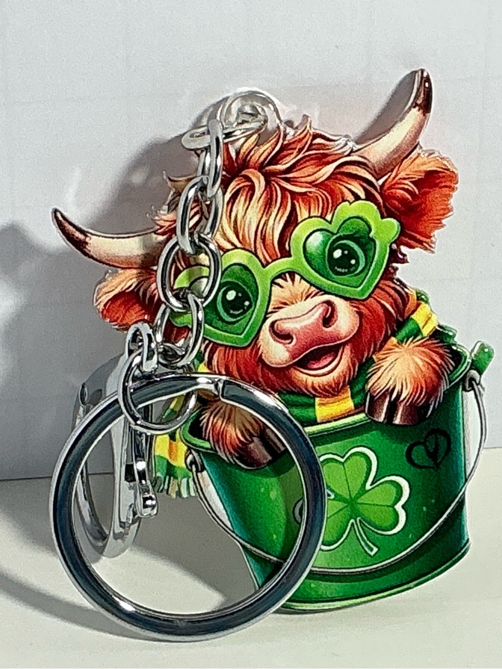 Cute Little Highland Cow Keychain In Clover Bucket